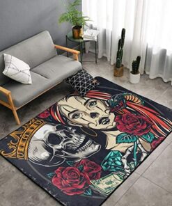 Vintage Colorful Tattoo Rose Skull Area Rug for Living Room Bedroom
