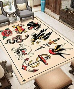 Vector Set of Old School Tattoo Designs Area Rugs Floor Mat Non Slip Carpet for Living Room