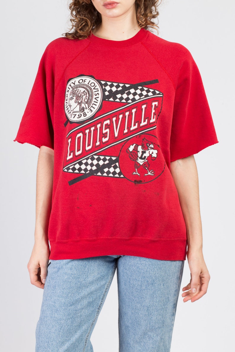 80s University Of Louisville Sweatshirt Top - Men'S Large, Vintage Red Raglan Short Sleeve Unisex Pullover