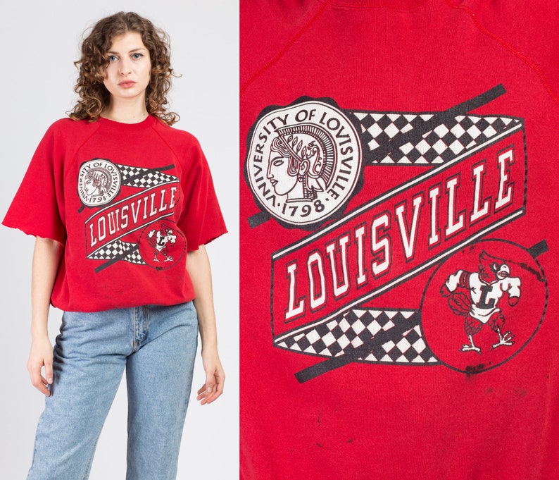 80s University Of Louisville Sweatshirt Top - Men'S Large, Vintage Red Raglan Short Sleeve Unisex Pullover