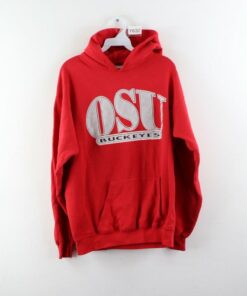 90s Mens Medium Thrashed Ohio State University Spell Out Hoodie Red