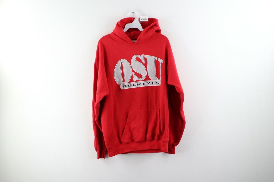 90s Mens Medium Thrashed Ohio State University Spell Out Hoodie Red
