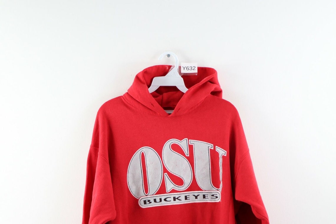 90s Mens Medium Thrashed Ohio State University Spell Out Hoodie Red