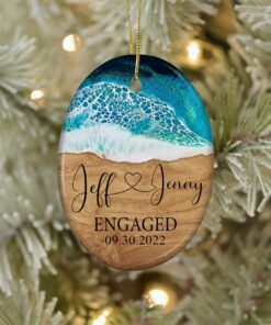 Beach Engaged Ceramic Ornament, Just Engaged Ornament With Names, Personalized Engagement Gift For Couple, Engagement Party Gift For Friends