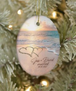 Beach Married Ceramic Ornament, Just Married Ornament With Names, Personalized Marriage Gift For Couple, Marriage Party Gift For Best Friend