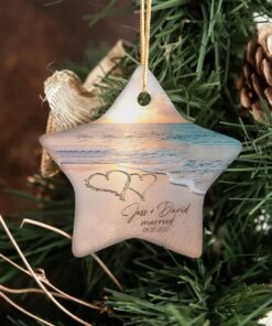 Beach Married Ceramic Ornament, Just Married Ornament With Names, Personalized Marriage Gift For Couple, Marriage Party Gift For Best Friend