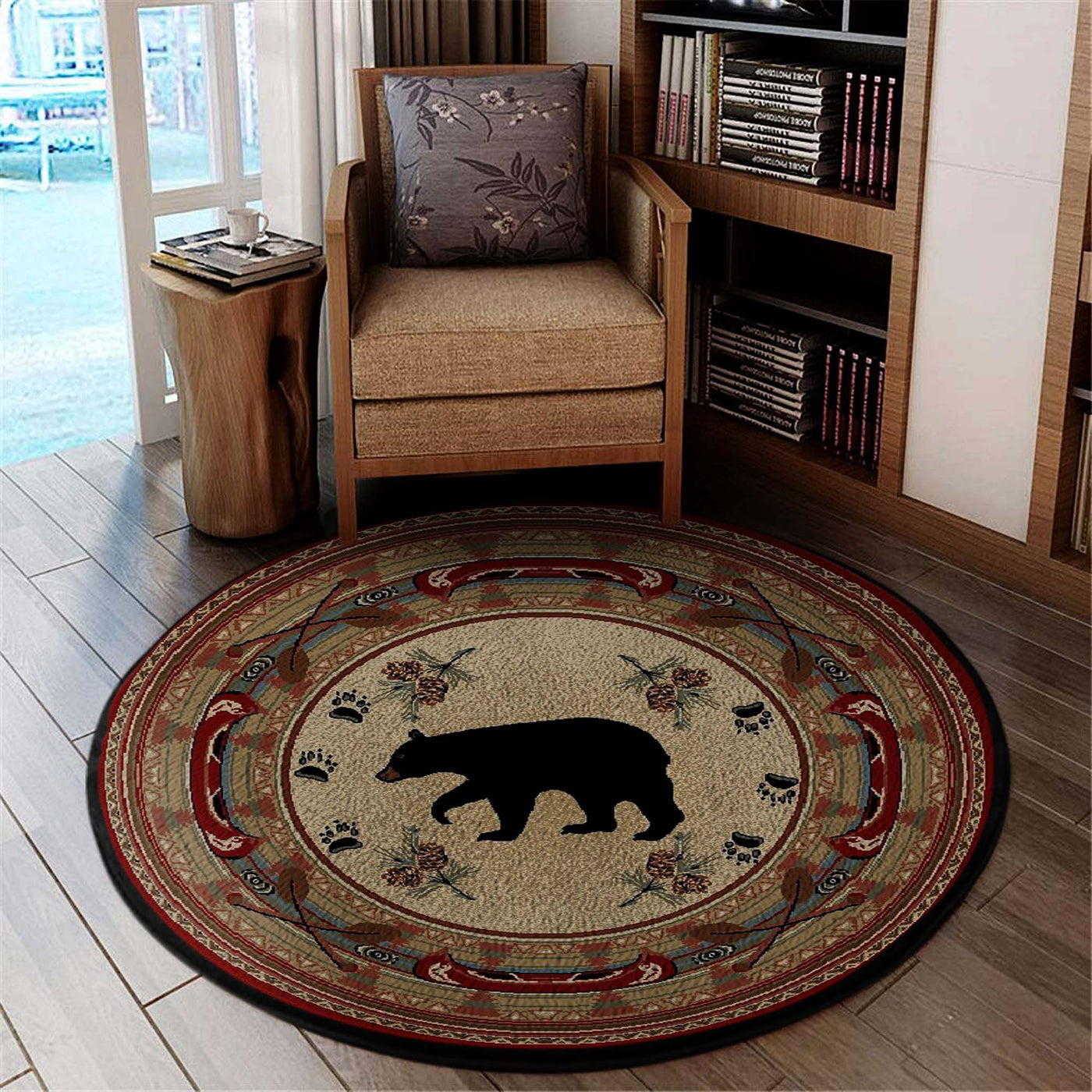 Black and Red Bear Lodge Cabin Round Rug, Carpet