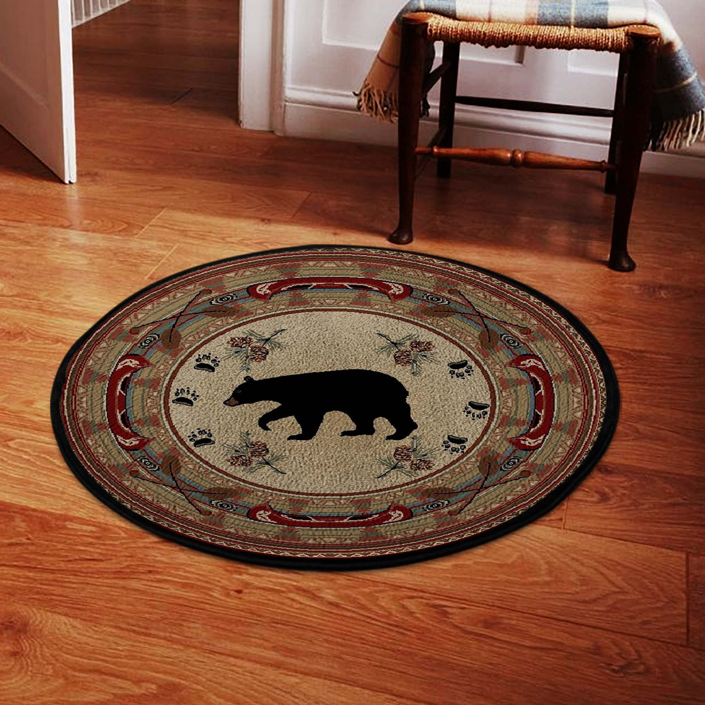 Black and Red Bear Lodge Cabin Round Rug, Carpet - Bluefink