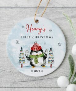 Custom Baby Penguin Ornament, Personalized Baby's First Christmas Ceramic Ornament, Cute Baby Gift, Baby Announcement, Newborn New Baby Gift