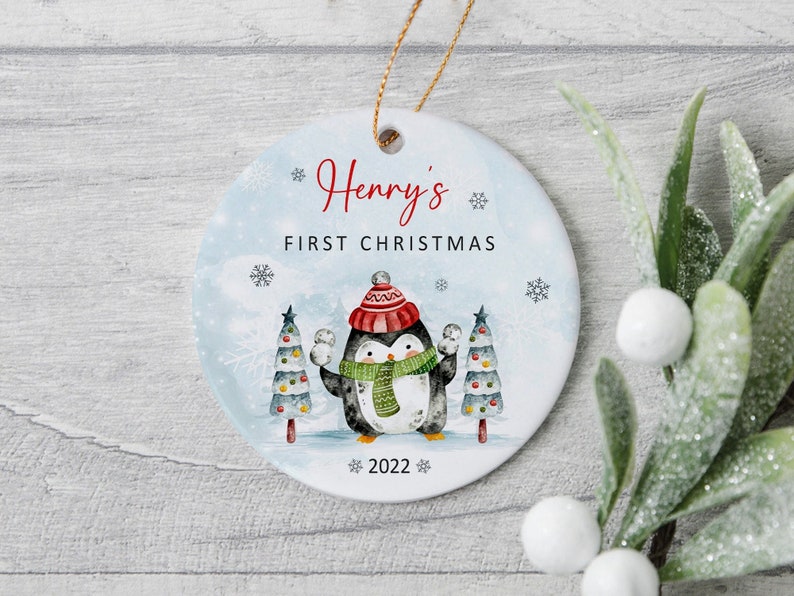 Custom Baby Penguin Ornament, Personalized Baby's First Christmas Ceramic Ornament, Cute Baby Gift, Baby Announcement, Newborn New Baby Gift