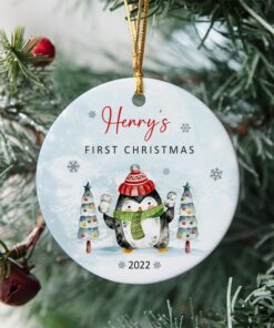 Custom Baby Penguin Ornament, Personalized Baby's First Christmas Ceramic Ornament, Cute Baby Gift, Baby Announcement, Newborn New Baby Gift