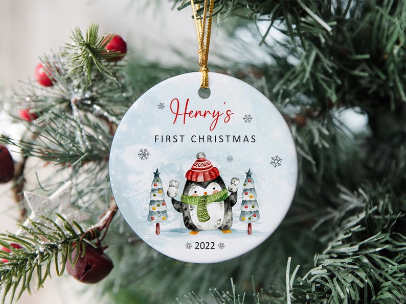 Custom Baby Penguin Ornament, Personalized Baby's First Christmas Ceramic Ornament, Cute Baby Gift, Baby Announcement, Newborn New Baby Gift