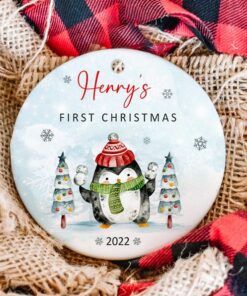 Custom Baby Penguin Ornament, Personalized Baby's First Christmas Ceramic Ornament, Cute Baby Gift, Baby Announcement, Newborn New Baby Gift