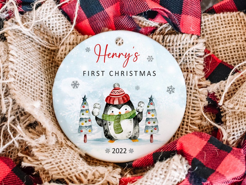 Custom Baby Penguin Ornament, Personalized Baby's First Christmas Ceramic Ornament, Cute Baby Gift, Baby Announcement, Newborn New Baby Gift