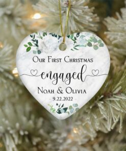Custom Engaged Christmas Ceramic Ornament, Custom Greenery Engagement Keepsake, First Christmas Engaged Gift, Classic Engaged Ornament