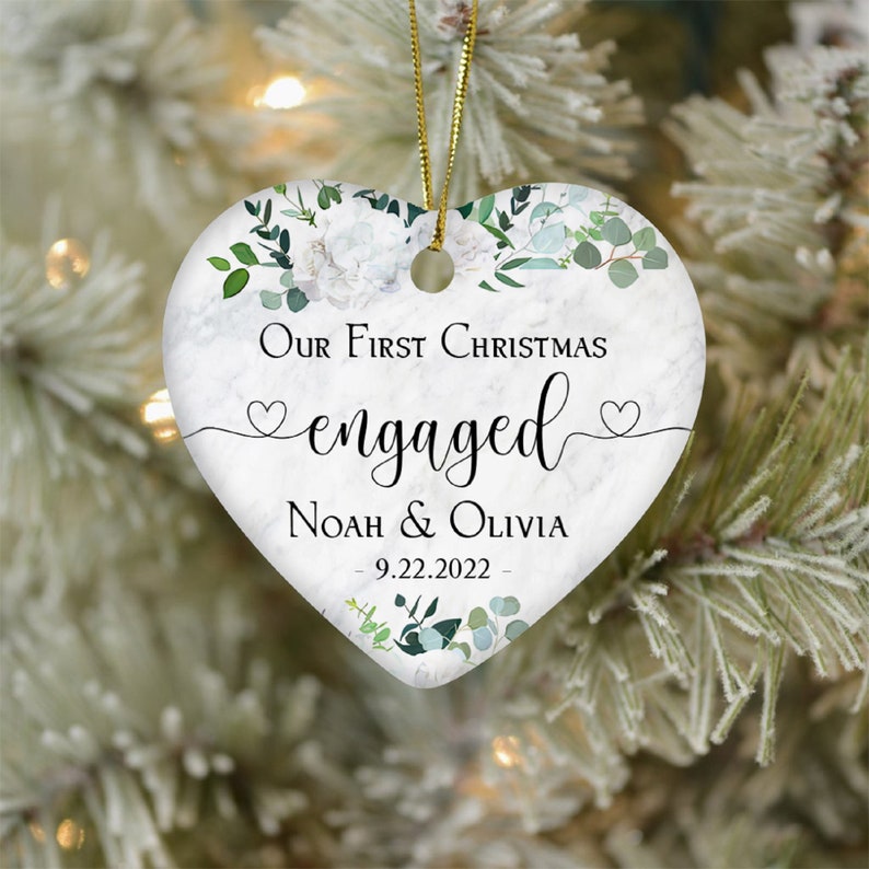 Custom Engaged Christmas Ceramic Ornament, Custom Greenery Engagement Keepsake, First Christmas Engaged Gift, Classic Engaged Ornament