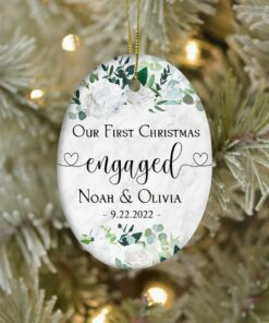 Custom Engaged Christmas Ceramic Ornament, Custom Greenery Engagement Keepsake, First Christmas Engaged Gift, Classic Engaged Ornament