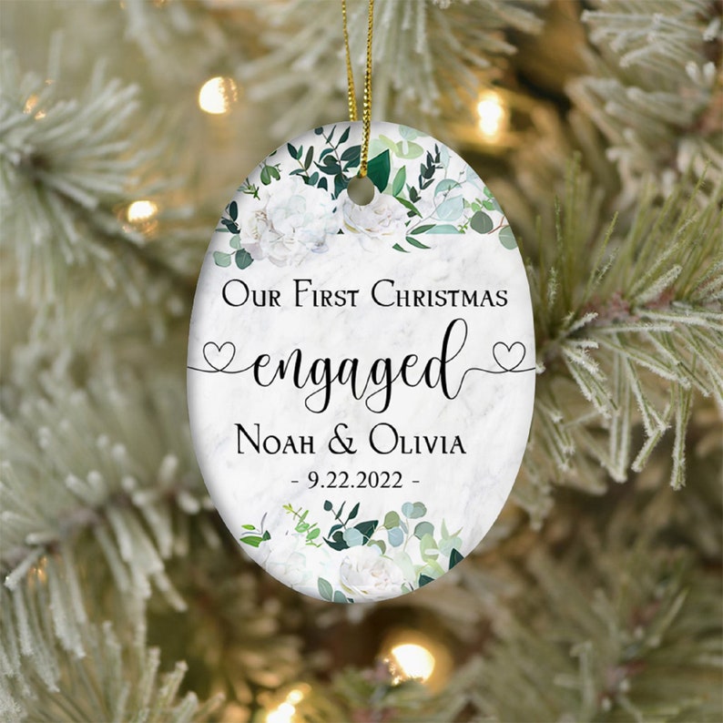 Custom Engaged Christmas Ceramic Ornament, Custom Greenery Engagement Keepsake, First Christmas Engaged Gift, Classic Engaged Ornament