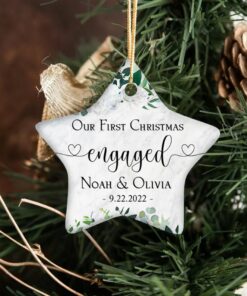 Custom Engaged Christmas Ceramic Ornament, Custom Greenery Engagement Keepsake, First Christmas Engaged Gift, Classic Engaged Ornament