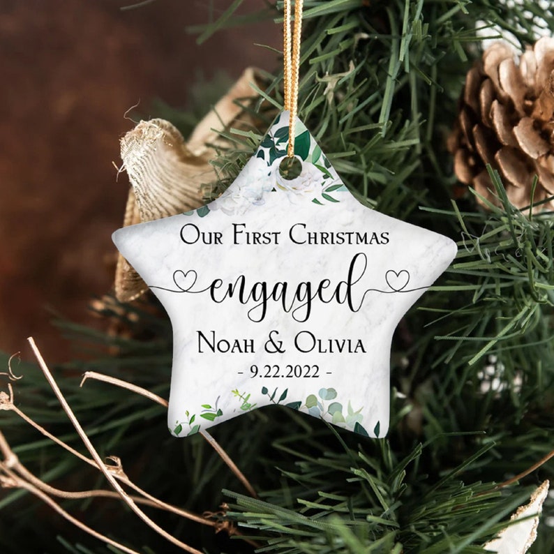 Custom Engaged Christmas Ceramic Ornament, Custom Greenery Engagement Keepsake, First Christmas Engaged Gift, Classic Engaged Ornament