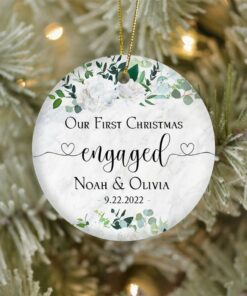 Custom Engaged Christmas Ceramic Ornament, Custom Greenery Engagement Keepsake, First Christmas Engaged Gift, Classic Engaged Ornament