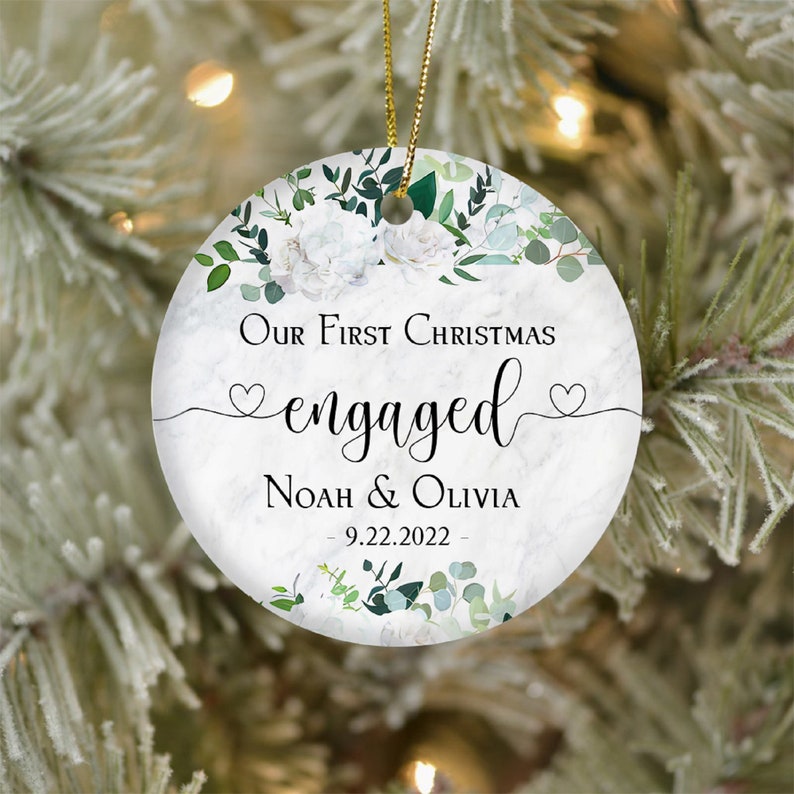 Custom Engaged Christmas Ceramic Ornament, Custom Greenery Engagement Keepsake, First Christmas Engaged Gift, Classic Engaged Ornament