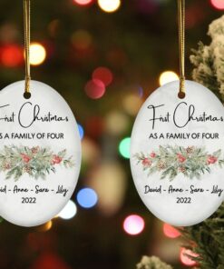 Custom Family Of Three Four Christmas Ceramic Ornament, New Family Ornament, Baby's First Christmas Ornament, Personalized Family Ornament