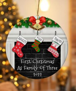 Custom First Christmas As A Family Of Three Ceramic Ornament, New Family Ornament, Baby's First Christmas, Personalized Family Ornament