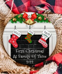 Custom First Christmas As A Family Of Three Ceramic Ornament, New Family Ornament, Baby's First Christmas, Personalized Family Ornament