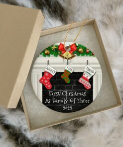 Custom First Christmas As A Family Of Three Ceramic Ornament, New Family Ornament, Baby's First Christmas, Personalized Family Ornament