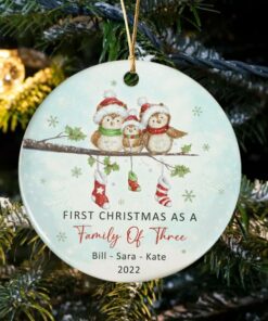 Custom First Christmas As A Family Of Three Owl Ceramic Ornament, New Family, Baby's First Christmas, First Christmas Together, Anniversary
