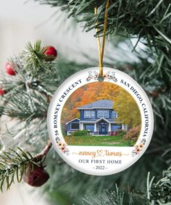 Custom First Home Ceramic Ornament, Housewarming Gift, New House Address Christmas Ornament From Photo, Real Estate Realtor Closing Gift
