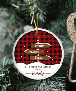 Custom Our First Christmas As A Family Ceramic Ornament, New Family Ornament, Baby's First Christmas, Personalized Family Of Three Ornament