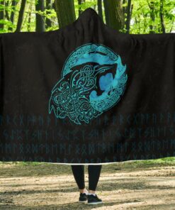 Fenrir Wolf Cyan Viking Style Economy Hooded Blanket