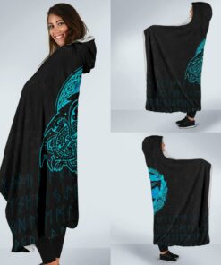 Fenrir Wolf Cyan Viking Style Economy Hooded Blanket
