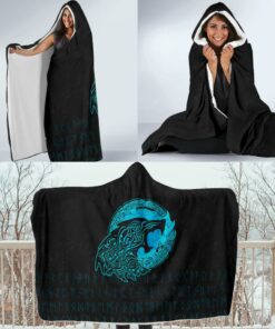 Fenrir Wolf Cyan Viking Style Economy Hooded Blanket