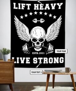 Gym Banner Tapestry Winged Skull Barbell