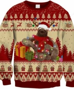 Happy Sloth With Christmas Gift Ugly Christmas Sweater, All Over Print Sweatshirt, Ugly Sweater, Christmas Sweaters, Hoodie, Sweater