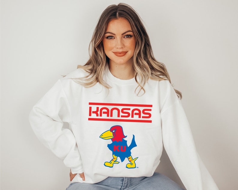 Kansas Jayhawks Retro Print Graphic Sweatshirt, Rock Chalk Shirt, Women's Kansas Sweatshirt, Jayhawks Apparel