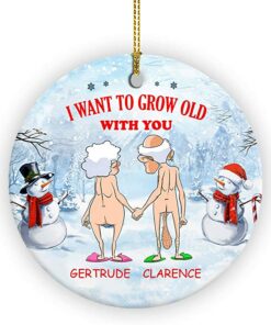 Merry Xmas Gifts Custom Name I Want to Grow Old with You Ornament, Personalized Anniversary Present for Old Couple Husband & Wife, 2022 Ceramic Ornament