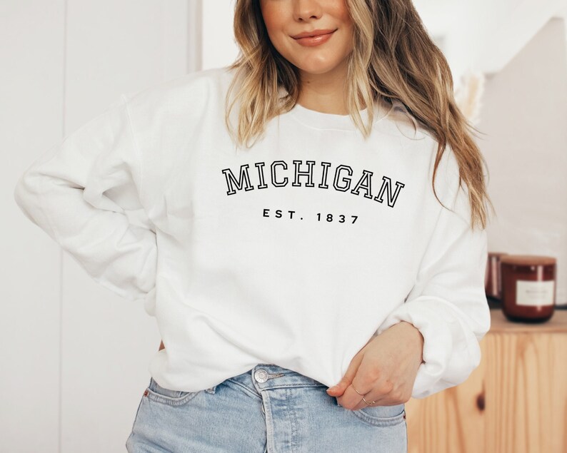 Michigan Themed Crewneck Sweatshirt, Collegiate Text Michigan Est. Sweatshirt, Michigan Gifts, Michigan Themed Shirt