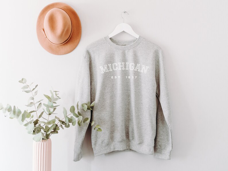 Michigan Themed Crewneck Sweatshirt, Collegiate Text Michigan Est. Sweatshirt, Michigan Gifts, Michigan Themed Shirt