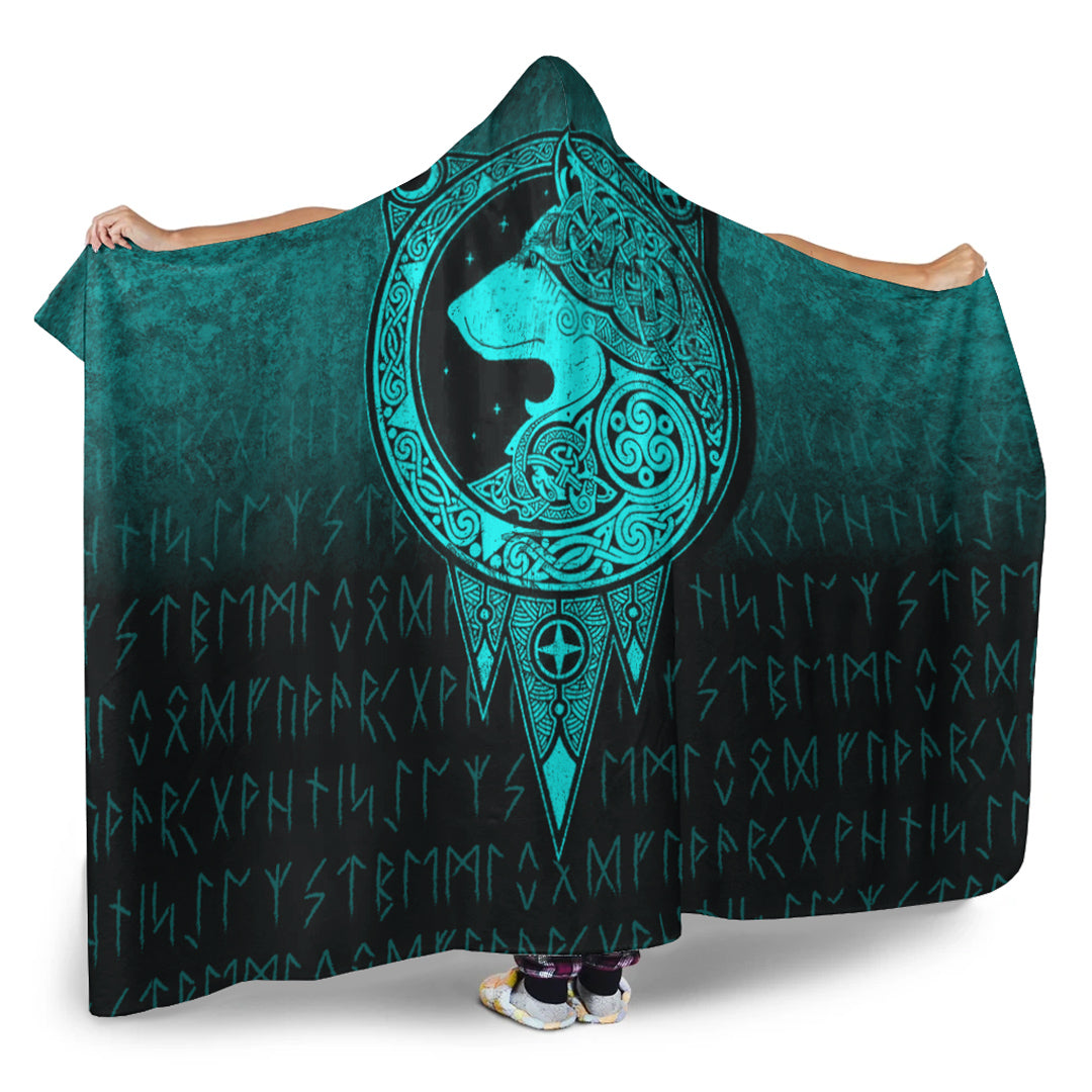 Norse Wolf Cyan Version Viking Hooded Blanket