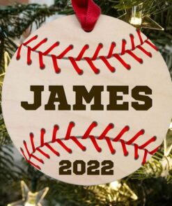 Personalized Baseball Christmas Round Wooden Maple Ornament, Sport Team Ball Gift, Custom Baseball Player Number Family Coach Gift Idea