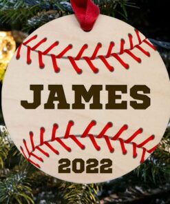 Personalized Baseball Christmas Round Wooden Maple Ornament, Sport Team Ball Gift, Custom Baseball Player Number Family Coach Gift Idea