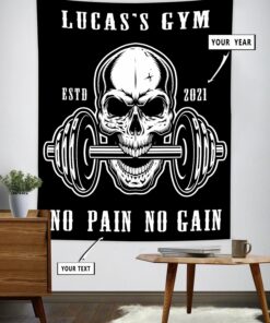 Personalized Bodybuilding Flag Tapestry Gym Decor Skull Dumbbell Wall Art