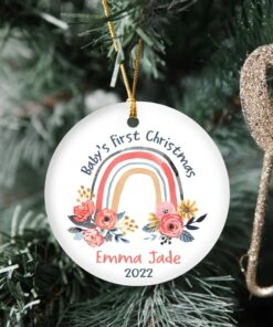 Personalized Cute Baby's First Christmas Rainbow Flower Ceramic Ornament, Custom First Christmas Ornament, 1st Christmas 2022 Cute Baby Gift