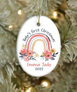 Personalized Cute Baby's First Christmas Rainbow Flower Ceramic Ornament, Custom First Christmas Ornament, 1st Christmas 2022 Cute Baby Gift