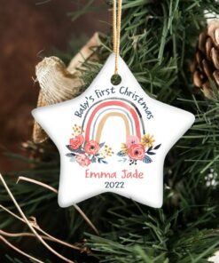 Personalized Cute Baby's First Christmas Rainbow Flower Ceramic Ornament, Custom First Christmas Ornament, 1st Christmas 2022 Cute Baby Gift