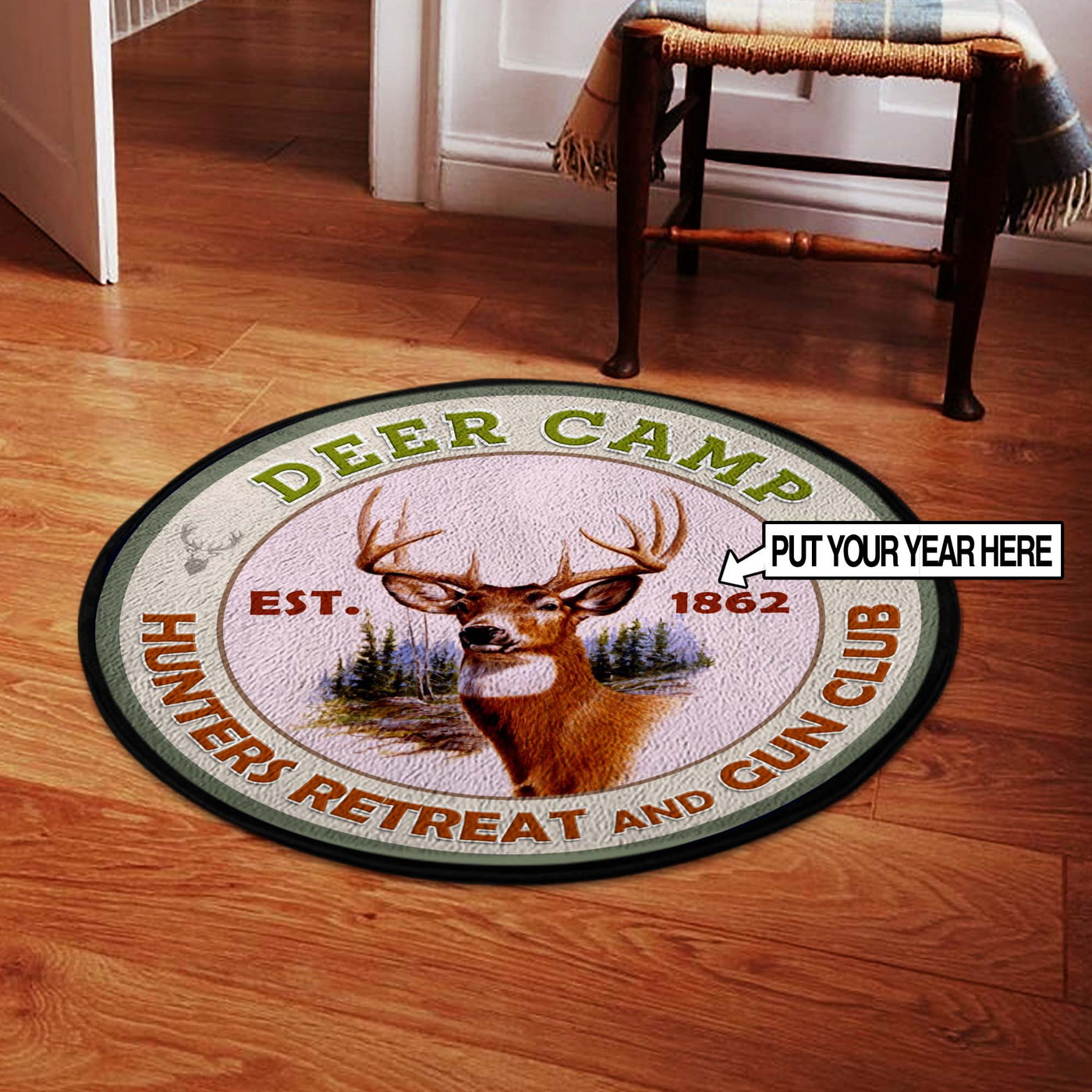Personalized Deer Camp Round Rug, Deer Themed Carpet - Bluefink